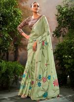 Soft Linen Tissue Pista Green Party Wear Hand Brush Print Saree